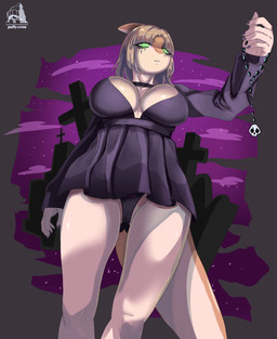 alternative_fashion anthro beads black_clothing black_dress black_panties black_underwear blonde_hair bone butt butt_from_the_front clothed clothed_anthro clothed_female clothing cross detailed_background dress female fingers glowing glowing_eyes goth green_eyes hair holding_object humanoid_hands inner_boob long_hair looking_at_viewer looking_down low-angle_view makeup night orange_body panties panty_shot prayer_beads rosary running_makeup short_dress skull sky solo standing star starry_sky tail text tombstone underwear upskirt white_body gravewalker puffycrow goodbye_volcano_high ko_op_(game_developer) naomi_(gvh) dinosaur hadrosaurid ornithischian ornithopod parasaurolophus prehistoric_species reptile scalie absurd_res artist_name colored hi_res shaded