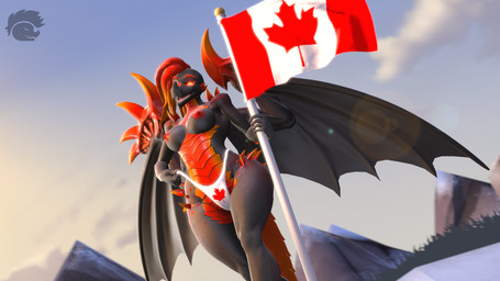 5_fingers anthro areola arm_spikes arms_bent black_membrane black_wings blue_sky breasts canada canadian_flag cheek_spikes clothed clothed_anthro clothed_female clothing clothing_pull cloud dutch_angle eyebrows facial_spikes female fingers flag flag_(object) glowing glowing_eyes hair hip_spikes holding_flag holding_object holidays light logo long_hair looking_at_viewer low-angle_view medium_breasts membrane_(anatomy) membranous_wings mountain_range multicolored_body multicolored_hair multicolored_scales nipples non-mammal_breasts non-mammal_nipples open_mouth open_smile orange_hair outside red_areola red_body red_eyebrows red_hair red_nipples red_scales red_spikes red_tail red_tongue scales sharp_teeth shoulder_spikes sky smile smiling_at_viewer solo spikes spikes_(anatomy) standing tail teeth thick_thighs thong thong_pull tongue topless topless_anthro topless_female two_tone_body two_tone_hair two_tone_scales underwear underwear_pull white_clothing white_thong white_underwear wings yellow_eyes skrekdathird canada_day european_mythology mythology skyress_(skrekdathird) dragon mythological_creature mythological_scalie scalie western_dragon winged_dragon 16:9 2026 3d_(artwork) 4k absurd_res artist_logo colored digital_media_(artwork) english_description hi_res lighting shaded source_filmmaker_(artwork) widescreen