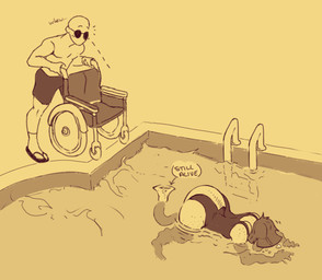 anthro bald big_butt butt clothing duo eyewear female floating freckled_legs freckled_shoulders freckled_thighs freckles hair male poolside short_hair sunglasses swimming_pool swimwear tail tail_motion tailwag text vehicle wheelchair buffysaintfury cavemanon_studios i_wani_hug_that_gator inco_(iwhtg) olivia_halford baryonyx dinosaur human mammal prehistoric_species reptile saurischian scalie spinosaurid theropod 2024 digital_media_(artwork) hi_res