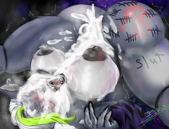 after_sex anthro big_breasts bodily_fluids body_writing breasts butt_slap cum cum_in_vagina cum_inside dark_nipples ear_piercing excessive_cum excessive_genital_fluids female fur genital_fluids genitals hair nipples nude piercing slap solo text upside_down vulva boran_ford five_nights_at_freddy's five_nights_at_freddy's:_security_breach scottgames steel_wool_studios roxanne_wolf canid canine canis mammal wolf hi_res