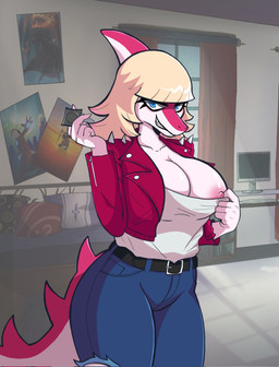 anthro areola bed bedroom bedroom_eyes belt big_areola big_breasts blonde_hair blue_eyes bottomwear breasts cleavage clothed clothing condom curvy_figure denim denim_bottomwear denim_clothing detailed_background eyelashes female fingers flashing furniture hair heart_eyes heart_symbol inside jacket jeans leather leather_clothing leather_jacket leather_topwear long_hair long_tail looking_at_viewer magenta_body magenta_scales multicolored_body multicolored_scales narrowed_eyes nipples pants pink_body pink_scales scales seductive sexual_barrier_device sharp_teeth smile snout solo spikes spikes_(anatomy) tail teeth thick_thighs topwear torn_bottomwear torn_clothing torn_jeans torn_pants two_tone_body two_tone_scales voluptuous wide_hips kemisk_landfill cavemanon_studios i_wani_hug_that_gator mia_moretti dinosaur hadrosaurid ornithischian ornithopod parasaurolophus prehistoric_species reptile scalie 2023 digital_drawing_(artwork) digital_media_(artwork) hi_res