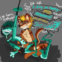 anthro bdsm beanie begging begging_for_mercy blindfold blonde_hair bodily_fluids bondage bound bracelet claws clothed clothing collar cross cross_necklace crossed_legs crying cuff_(restraint) dialogue duo facial_hair feet fingers fur green_body green_eyes green_hair hair hands_tied hat headgear headwear heart_symbol jewelry laugh male male/male necklace nipples open_mouth pawpads paws piercing profanity restraints simple_background sitting smile soul_patch speech_bubble spiked_bracelet spiked_collar spikes star struggling submissive tail tail_motion tailwag tan_body tan_fur tears teasing text tickle_fetish tickle_torture tickling tickling_sides toes underwear wrist_cuffs wristband sid_is_screaming canid canine canis mammal mustelid musteline reptile scalie snake true_musteline weasel english_text hi_res