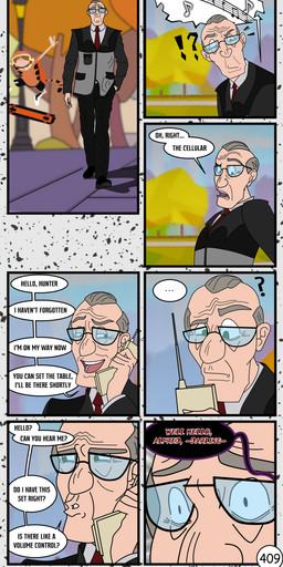 black_bottomwear black_clothing black_footwear black_pants black_shoes bottomwear clothing elderly_male eyewear footwear glasses green_eyes grey_hair hair light_body light_skin male pants park ringtone solo speech_bubble walking redundantmodule 101_dalmatian_street 101_dalmatians disney alfred_bright cruella_de_vil human mammal absurd_res comic hi_res