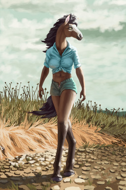 anthro biped blue_clothing blue_topwear bottomwear brown_hair clothed clothing cloud detailed_background female grass green_eyes hair hooves hotpants humanoid_hands long_neck looking_away midriff nipple_outline open_bottomwear open_clothing open_shorts outside plant rock shirt shorts solo tall tied_shirt tight_clothing tight_topwear topwear walking wind lemurlemurovich equid equine horse mammal digital_media_(artwork) digital_painting_(artwork) full-length_portrait hi_res painting_(artwork) portrait