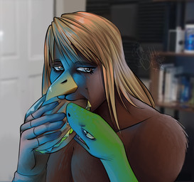 blonde_hair brown_body brown_fur eating_sandwich food fur hair heterochromia holding_food holding_object holding_sandwich light logo looking_aside male photo_background sandwich_(food) solo xxscribbledragonxx adult_swim cartoon_network jerma985 xavier_renegade_angel xavier_(xra) avian bird humanoid hybrid owl reptile scalie snake 2023 artist_logo bust_portrait digital_drawing_(artwork) digital_media_(artwork) english_description lighting photography_(artwork) portrait watermark