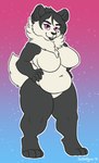 anthro belly big_belly black_body black_fur black_hair black_nose breasts featureless_breasts female front_view fur gradient_background hair hand_on_hip looking_at_viewer nude overweight overweight_anthro purple_eyes simple_background smile solo standing tail white_body white_fur white_tail tiggybloom padunk_(padunk) bear giant_panda mammal 2018 dated full-length_portrait hi_res portrait signature