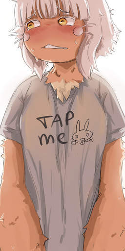 amber_eyes anthro blush blush_lines breasts clothed clothing clothing_pull covered_vulva crotch_covered ear_tuft embarrassed female hair looking_away shirt solo standing t-shirt text text_on_clothing thick_thighs thigh_gap topwear tuft whiskers white_hair wide_hips desttar made_in_abyss nanachi animal_humanoid humanoid lagomorph lagomorph_humanoid leporid mammal mammal_humanoid narehate absurd_res hi_res