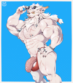 anthro balls barazoku beard biceps big_muscles big_penis blue_background clothed clothing dog_tags eyewear eyewear_on_head facial_hair fur genitals hair humanoid_genitalia humanoid_penis looking_at_viewer male mature_male muscular muscular_anthro muscular_male nipples open_mouth pecs penis scar simple_background smoking solo speedo speedo_down speedo_only sunglasses sunglasses_on_head swimwear teeth topless tuft vein white_body white_fur punktoso league_of_legends riot_games tencent kled_(lol) mammal yordle digital_media_(artwork) hi_res
