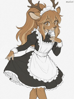 2_horns 5_fingers :3 anthro antlers arms_bent bangs biped black_clothing blush blush_lines brown_body brown_eyes brown_fur brown_hair clothed clothed_anthro clothed_female clothing clothing_lift dress dress_lift eyebrows eyelashes female female_anthro fingers formal formal_wear fully_clothed fully_clothed_anthro fully_clothed_female fur gesture glistening glistening_eyes greeting greeting_viewer hair horn inner_ear_fluff looking_at_viewer maid_apron maid_headdress maid_uniform ponytail pose pupils raised_finger raised_pinky simple_background smile smiling_at_viewer snout solo standing text tuft uniform eneki_sei deer mammal 2026 3:4 artist_name colored detailed portrait signature three-quarter_portrait