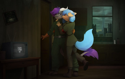 anthro boots clothed clothing detailed_background duo electronics female footwear horn male shoes tail television text dipfanken half-life_2_beta mythology canid canine dragon mammal mythological_creature mythological_scalie scalie english_text hi_res