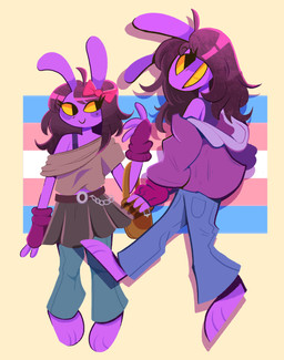 accessory ahoge big_ears black_bottomwear black_clothing black_skirt blue_bottomwear blue_clothing blue_jeans blue_pants bottomwear bow_ribbon brown_clothing brown_shirt brown_topwear chain clothing denim denim_bottomwear denim_clothing female fingerless_gloves fluffy fluffy_hair fur gloves hair hair_accessory hair_bow hair_ribbon handwear hoodie jeans lgbt_pride long_hair looking_at_viewer looking_back looking_back_at_viewer off-shoulder_top pants pride_color_background pride_colors purple_body purple_clothing purple_fur purple_hoodie purple_topwear ribbons shirt simple_background skirt smile smiling_at_viewer solo topwear transgender_pride_colors chowzart glitch_productions the_amazing_digital_circus gooseworx's_post-transition_jax_design jax_(tadc) lagomorph leporid mammal rabbit 2026 absurd_res digital_drawing_(artwork) digital_media_(artwork) english_description hi_res trans_(lore) trans_woman_(lore)