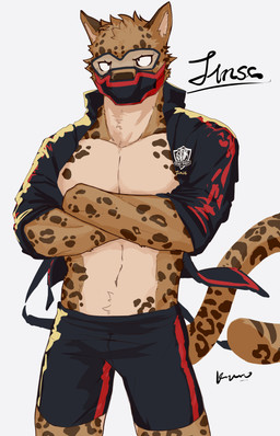 anthro biped black_bottomwear black_clothing black_jacket black_mask black_shorts black_topwear bottomwear brown_body brown_fur brown_spots clothed clothed_anthro clothed_male clothing countershade_fur countershade_neck countershade_torso countershading crossed_arms dot_eyes front_view fully_clothed fully_clothed_anthro fully_clothed_male fur grey_background jacket looking_at_viewer male markings obscured_mouth open_clothing open_jacket open_topwear print_clothing print_jacket print_topwear pupils red_bottomwear red_clothing red_jacket red_mask red_shorts red_topwear shorts simple_background simple_eyes small_pupils solo spots spotted_arms spotted_body spotted_face spotted_markings spotted_tail tail tail_markings tan_body tan_countershading tan_fur tan_inner_ear text text_on_clothing text_on_jacket text_on_topwear topwear wearing_goggles white_sclera kuromonsart cheetah felid feline mammal 2022 absurd_res artist_name character_name colored dated digital_drawing_(artwork) digital_media_(artwork) hi_res portrait three-quarter_portrait