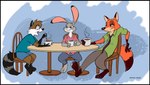 beverage black_border border bottomwear breasts brown_body brown_fur buckteeth chair clothing coffee coffee_mug female fur furniture grey_body grey_fur group male necktie open_mouth orange_body orange_fur pants shirt shorts sitting table teeth topwear trio white_body white_fur dutch_(artist) disney zootopia beeton judy_hopps nick_wilde canid canine fox lagomorph leporid mammal procyonid rabbit raccoon red_fox true_fox 2023 digital_media_(artwork) hi_res