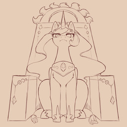 accessory chair crown ears_up eyebrows eyelashes female feral front_view frown fur furniture hair headgear hooves horn looking_at_viewer quadruped simple_background sitting solo throne cold-blooded-twilight friendship_is_magic hasbro my_little_pony princess_celestia_(mlp) equid equine horse mammal pony 1:1 2025 hi_res monochrome
