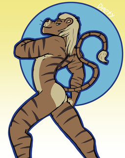anthro blonde_hair blue_eyes butt butt_focus femboy fur hair long_hair looking_back male markings nipples nude raised_tail rear_view simple_background smile smirk solo standing striped_markings striped_tail stripes tail tail_markings tail_tuft tan_body tan_fur tuft whiskers deety felid hybrid liger lion mammal pantherine tiger hi_res