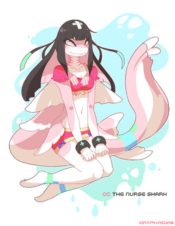 5_fingers alternate_species anthro arm_fin bandage belly biped black_clothing black_hair blue_background blue_hair blue_stripes bottomwear breasts cleavage clothed clothing countershade_face countershade_torso countershading crop_top cross cuff_(restraint) cute_fangs dorsal_fin eyelashes fangs feet female fin fingers gills gloves_(marking) green_hair green_stripes hair hand_on_leg heart_symbol humanoid_feet humanoid_hands leg_markings legs_together long_hair long_tail looking_at_viewer markings multicolored_body multicolored_hair navel non-mammal_breasts outline pink_body pink_clothing pink_hair pink_spots pink_stripes plantigrade purple_clothing purple_ribbon restraints ribbons shirt shorts simple_background sitting small_breasts socks_(marking) solo spots stripes tail tail_fin teeth text topwear water water_drop white_background white_body white_countershading wrist_cuffs yellow_clothing cinamoncune aquatic carpet_shark fish ginglymostomatid nurse_shark shark 2014 aliasing digital_media_(artwork) english_text full-length_portrait hi_res portrait watermark