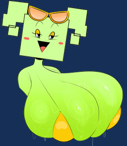 big_breasts bikini bikini_top blush blush_stickers bodily_fluids breasts cleavage clothed clothing eyelashes eyewear female gold_bikini green_body green_hair green_skin hair half-closed_eyes huge_breasts long_eyelashes narrowed_eyes open_mouth open_smile pigtails red_tongue simple_background simple_eyes simple_face smile solo sunglasses sweat sweaty_breasts swimwear tongue transparent_background two-piece_swimsuit ota_(artist) mario_bros nintendo paper_mario mimi_(paper_mario) humanoid alpha_channel hi_res