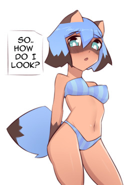 anthro bandeau_bikini bikini bikini_bottom bikini_top blue_bikini blue_clothing blue_hair blue_swimwear blue_tail clothing dipstick_tail female flustered gloves_(marking) hair looking_at_viewer markings navel open_mouth slim solo swimwear tail tail_markings teal_eyes two-piece_swimsuit young young_anthro young_female nepentz brand_new_animal studio_trigger michiru_kagemori canid canine mammal raccoon_dog tanuki absurd_res digital_media_(artwork) hi_res shaded