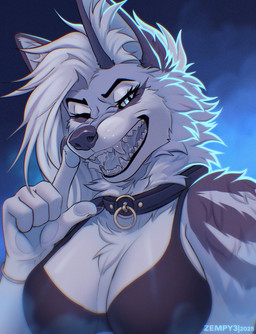 anthro biped bodily_fluids bra breasts claws clothed clothed_anthro clothed_female clothing collar female fingers fur hair looking_at_viewer one_eye_closed saliva simple_background solo teeth tongue underwear zempy3 canid canine mammal 2026 digital_drawing_(artwork) digital_media_(artwork) hi_res