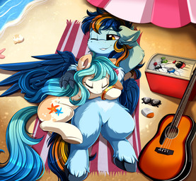 acoustic_guitar beach beach_towel beach_umbrella beverage cooler cutie_mark duo eyes_closed eyewear featureless_crotch female fetlocks guitar hair hooves lying multicolored_hair musical_instrument on_back one_eye_closed parasol plucked_string_instrument relaxing sand sea seaside semi-anthro smile string_instrument sunglasses sunscreen towel underhoof water pridark european_mythology greek_mythology hasbro my_little_pony mythology fan_character seascape_(thebatup2bat) skysail_(thebatup2bat) avian equid equine hippogriff mammal mythological_avian mythological_creature 2020 absurd_res hi_res