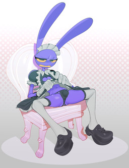 4_fingers annoyed anthro bad_posture black_eyes bulge chair cleavage_cutout clothed clothing clothing_lift cutout dress dress_lift eyelashes fingers footwear furniture gloves grimace handwear legwear looking_at_viewer maid_uniform male midriff navel panties purple_body purple_skin shoes sitting socks solo sparkles spread_legs spreading teeth thigh_highs underwear uniform white_clothing white_footwear white_socks yellow_eyes yellow_sclera submarine_screw glitch_productions the_amazing_digital_circus jax_(tadc) lagomorph leporid mammal rabbit absurd_res digital_media_(artwork) hi_res