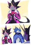 anthro belt black_body black_sclera blue_body cape caught_in_the_act claws clothing duo embarrassed evolutionary_family horn male towel matrixdragonn bandai_namco digimon digimon_(species) gulusgammamon kausgammamon hi_res