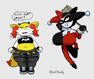 accessory anthro big_breasts big_hammer black_bracelet black_clothing black_crop_top black_eyes black_footwear black_headband black_legwear black_shirt black_shoes black_thigh_highs black_topwear blush blush_stickers bodily_fluids bottomwear bracelet breast_size_difference breasts cheek_tuft cleavage_cutout clothing cosplay countershade_face countershading crop_top crossover_cosplay cutout dipstick_tail duo ellipsis eyelashes facial_tuft fake_horns fangs female female_anthro female_humanoid footwear fur grey_background hammer hand_behind_head hand_behind_own_head headband holding_hammer holding_object holding_tool huge_breasts inner_ear_fluff jewelry legwear looking_at_viewer looking_up markings medium_breasts miniskirt mismatched_footwear mismatched_shoes multicolored_body multicolored_fur multicolored_tail navel open_mouth open_smile orange_body orange_fur orange_inner_ear_fluff orange_tail_tip pink_blush red_clothing red_footwear red_shoes shirt shoes simple_background skirt slightly_chubby slightly_chubby_anthro slightly_chubby_female slim_female slim_humanoid smile standing sweat tail tail_markings teeth text thick_thighs thigh_highs tools topwear tuft twitter_handle two_tone_tail white_body white_countershading white_fur white_tuft wide_hipped_anthro wide_hipped_female wide_hips yellow_body yellow_ears yellow_fur yellow_tail oofrowdy batman_(series) dc_comics nintendo pokemon harley_quinn scarlet_(oofrowdy) braixen generation_3_pokemon generation_6_pokemon humanoid kirlia pokemon_(species) 2022 artist_name crossover digital_drawing_(artwork) digital_media_(artwork) shaded simple_shading watermark