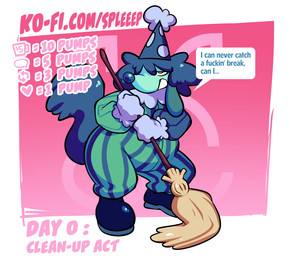 ambiguous_gender anthro cleaning cleaning_tool clothed clothing clown clown_nose floppy_ears fluffy fluffy_tail footwear fully_clothed hat headgear headwear holding_object mop party_hat pointy_hat profanity shoes snout solo tail text toony spleeep fan_character canid canine canis domestic_dog mammal english_text hi_res