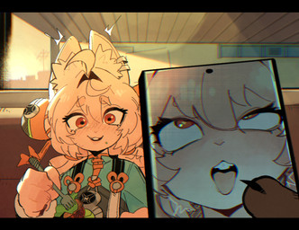 anthro black_bars bodily_fluids braided_hair electronics female hair phone phone_screen phone_view solo tongue tongue_out goonie-san mihoyo zenless_zone_zero zhao_(zenless_zone_zero) lagomorph leporid mammal rabbit thiren letterbox