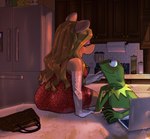 anthro appliance armwear bare_shoulders blonde_hair blush clothing computer detailed_background duo elbow_gloves electronics eye_contact eyeshadow female fridge gloves hair handwear kitchen kitchen_appliance kitchen_utensils laptop long_hair looking_at_another makeup male male/female narrowed_eyes sitting tools imtoffe muppets the_muppet_show kermit_the_frog miss_piggy amphibian domestic_pig frog mammal suid suine sus_(pig) 2023 absurd_res hi_res signature