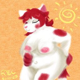 anthro female fur hair nude pregnant red_hair slightly_chubby solo sun white_body white_fur lazy_ruby ruby_mello_(dynamitegrizzly) domestic_cat felid feline felis mammal 1:1 hi_res painting_(artwork) traditional_media_(artwork)