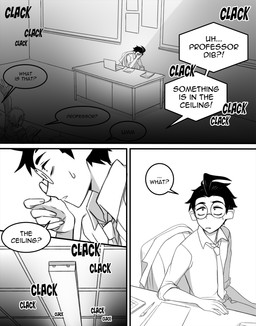 aged_up ahoge ambiguous_gender black_hair chair clothed clothing detailed_background dialogue eyewear fully_clothed furniture hair human_only male not_furry professor speech_bubble student teacher teacher_and_student text topwear inimoose invader_zim nickelodeon dib_membrane human mammal character_name comic digital_media_(artwork) english_text hi_res monochrome