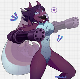 anthro big_breasts blue_body blue_eyes breasts chest_spike exclamation_point featureless_breasts featureless_crotch female gatling_gun gun gun_arm hair looking_at_viewer machine_gun metallic_body minigun mouth_gun multicolored_body non-mammal_breasts nude open_mouth purple_body purple_hair ranged_weapon scales sharp_teeth short_hair solo spiked_tail spikes spikes_(anatomy) star tail teeth thick_tail tongue two_tone_body ventral_scales weapon weapon_arm txmie caridae_the_gator_shapeshifter alligator alligatorid crocodilian elemental_creature metal_creature mineral_fauna reptile scalie hi_res watermark
