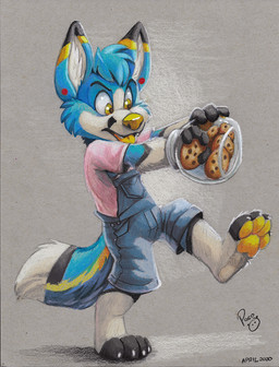 anthro blue_body blue_fur blue_hair clothed clothing container cookie dipstick_ears ear_markings fangs food fur glistening glistening_eyes grey_background hair jar logo male multicolored_ears open_mouth overalls pawpads pink_clothing pink_shirt pink_t-shirt pink_topwear shirt short_hair simple_background solo standing t-shirt teeth tongue topwear white_body white_fur yellow_eyes yellow_nose yellow_pawpads yellow_tongue young young_anthro young_male pandapaco canid canine fox mammal 2020 artist_logo dated signature