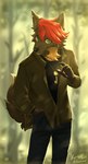 5_fingers absurd_res anthro biped canid canine claws clothed clothing eyebrow_through_hair eyebrows fingers fur green_eyes hair hi_res key male mammal pawpads red_hair rikosakari solo tail translucent translucent_hair