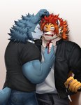 anthro blush countershading duo food fur hair male male/male muscular muscular_anthro muscular_male pocky_in_mouth red_hair shocked striped_body striped_fur stripes chuurow lifewonders pocky tokyo_afterschool_summoners breke_(tas) nomad_(tas) canid canine canis felid mammal pantherine tiger wolf absurd_res hi_res