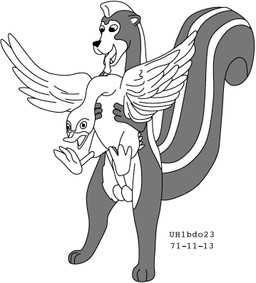 ambiguous_gender anthro balls black_body black_fur dominant dominant_male duo feathers feral fur genitals male male/ambiguous nude nude_male penis questionable_consent sex tongue tongue_out white_body white_fur wings urbanhermit anatid anseriform avian bird duck mammal mephitid skunk 1971 20th_century ancient_art dated low_res monochrome