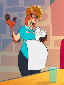 anthro belly big_belly brown_body brown_fur clothed clothed_anthro clothed_female clothing female fingers fur hair hooved_fingers hooves horn orange_hair pregnant pregnant_anthro pregnant_female solo waiter convexpert goat_(movie) louise_harris bovid caprine goat mammal hi_res
