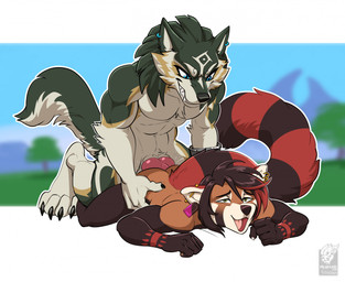 abs anal anal_penetration animal_genitalia anthro anthro_on_anthro anthro_penetrated anthro_penetrating anthro_penetrating_anthro anthrofied biceps big_penis butt canine_genitalia claws duo ear_piercing femboy from_behind_position fur genitals grin knot knotted_penis looking_pleasured lying male male/male male_anthro male_penetrated male_penetrating male_penetrating_male markings multicolored_body multicolored_fur muscular muscular_male nude on_front open_mouth pecs penetration penile penile_penetration penis penis_in_ass piercing sex showing_teeth smile tail vallhound nintendo the_legend_of_zelda link_(wolf_form) ailurid canid canine canis mammal red_panda wolf hi_res