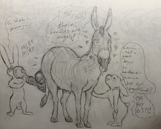 ambiguous_gender animal_genitalia anthro anthro_on_feral balls bestiality big_balls blush blush_lines bodily_fluids breath cross-eyed dialogue dizzy drooling equine_genitalia face_in_penis fellatio feral flared_penis flies_for_smell genitals group heart_symbol holding_penis hooves male male/male masturbation oral penile penis saliva sex size_difference sound_effects starstruck text tongue tongue_out trio vein vowelless vowelless_sound_effect popopodo arthropod asinus donkey equid equine fly_(animal) insect lagomorph leporid mammal rabbit absurd_res english_text hi_res traditional_media_(artwork)