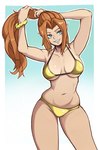 big_breasts blue_background blue_eyes breasts brown_hair clothing cremia female hair hi_res humanoid humanoid_pointy_ears hylian long_hair milkmountain navel nintendo simple_background skindentation smile solo swimwear tan_body tan_skin the_legend_of_zelda thick_thighs white_background wide_hips yellow_clothing yellow_swimwear