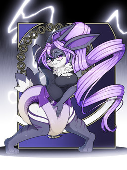 anthro big_diaper black_nose blue_eyes blush bodily_fluids cleavage_cutout clothed clothing coy cutout diaper diaper_fetish diaper_squish electricity eyewear facial_markings female forehead_markings fur genital_fluids glasses hair hand_on_diaper head_markings heterochromia leg_markings lightning lightning_bolt long_hair looking_at_viewer markings neck_tuft ponytail pose purple_eyes purple_hair round_glasses scut_tail short_tail simple_background smile smiling_at_viewer socks_(marking) solo tail topwear touching_diaper tuft unclean_diaper urine used_diaper using_diaper wearing_glasses wet_diaper wetting wetting_diaper lanbabbu nintendo pokemon kitsuna_tyakoto eeveelution generation_1_pokemon jolteon pokemon_(species) 2026 absurd_res hi_res huge_filesize pinup
