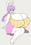 anthro big_breasts black_eyes bottomwear braided_hair braided_ponytail breasts clothing female hair huge_breasts hyper hyper_breasts looking_at_viewer one_eye_closed ponytail purple_hair sitting skirt smile solo sweater thick_thighs topwear white_body angstrom marie_(angstrom) lagomorph leporid mammal rabbit hi_res