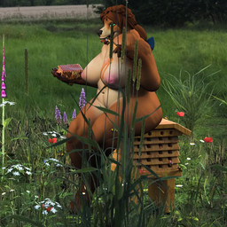anthro claws female flower food grass honey_(food) plant sitting solo bambookat arthropod bear bee hymenopteran insect mammal 1:1 3d_(artwork) animated digital_media_(artwork) hi_res huge_filesize loop short_playtime sound turntable_(animation) video