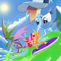 blue_body blue_fur board clothing cutie_mark feathered_wings feathers female feral fire fur green_eyes group hair hat headgear headwear hoverboard male membrane_(anatomy) membranous_wings multicolored_hair one_eye_closed orange_body orange_feathers ourtimetofly purple_body purple_eyes rainbow_hair tail wings jennerdarkclaw friendship_is_magic hasbro my_little_pony mythology rainbow_dash_(mlp) scootaloo_(mlp) spike_(mlp) dragon equid equine mammal mythological_creature mythological_equine mythological_scalie pegasus scalie 2013
