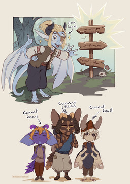 amogus anthro backpack big_ears black_eyes blonde_hair blue_body blue_eyes blue_scales bone brown_body brown_hair clothed clothing eye_patch eyes_closed eyewear female forest forest_background freckled_face freckled_hand freckled_tail freckles gesture gibberish glasses group hair hand_gesture hat headgear headwear horn humor long_ears male medieval medieval_clothing membrane_(anatomy) membranous_wings plant pointing poncho ponytail purple_body red_hair scales signpost skull smile sparkles tail text thumbs_up toothy_smile tree white_hair wings yellow_eyes wanderertamplior european_mythology mythology sentry_(duscride) tamplior_(duscride) arthropod dhakkar dragon drakian_(duscride) insect lepidopteran moth mythological_creature mythological_scalie scalie western_dragon comic english_text hi_res
