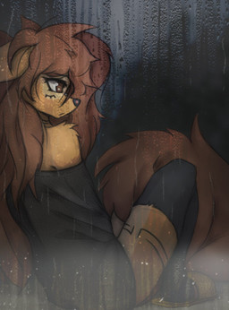 anthro arm_tuft black_nose brown_body brown_eyes brown_fur brown_hair clothed clothing cowlick eyelashes facial_markings facial_piercing facial_tattoo female female_anthro footwear frown fur furgonomic_piercing furgonomics hair head_markings leg_markings leg_tattoo legwear long_hair markings messy_hair mottled mottled_nose muzzle_piercing neck_markings neck_tattoo nose_piercing off_shoulder piercing pink_nose raining shoes sitting slim slippers solo tattoo thigh_highs tuft tinygaypirate apogee_(tinygaypirate) canid canine canis domestic_dog mammal spitz hi_res