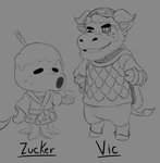 anthro armor clothing duo eyes_closed headgear helmet male one_eye_closed robe simple_background text wink dinonugget_bird animal_crossing nintendo vic_(animal_crossing) zucker_(animal_crossing) bovid bovine cattle mammal 2020 hi_res monochrome