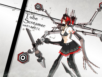 3_fingers arm_tattoo belt black_bottomwear black_bra black_clothing black_skirt black_underwear bone bone_arm bottomwear bra breasts clothing cosplay cybernetic_eye cybernetics drill drill_curls female fingers gradient_hair hair jewelry long_arms looking_at_viewer machine mechanical_arm mechanical_leg medium_breasts necklace not_furry pleated_skirt red_eyes red_hair shirtless shirtless_female shirtless_humanoid short_hair skirt skull_necklace solo tattoo text twintails_(hairstyle) underwear wire deino_(artist) utau calne_ca kasane_teto humanoid robot robot_humanoid 2010 3d_(artwork) 4:3 autodesk_3ds_max_(artwork) digital_media_(artwork) english_text