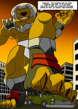 anthro car destruction dialogue fur macro macro_male male solo text vehicle yellow_body yellow_fur yellow_sclera armiandillo hot_wheels_battle_force_5 captain_kalus felid lion mammal pantherine english_text hi_res
